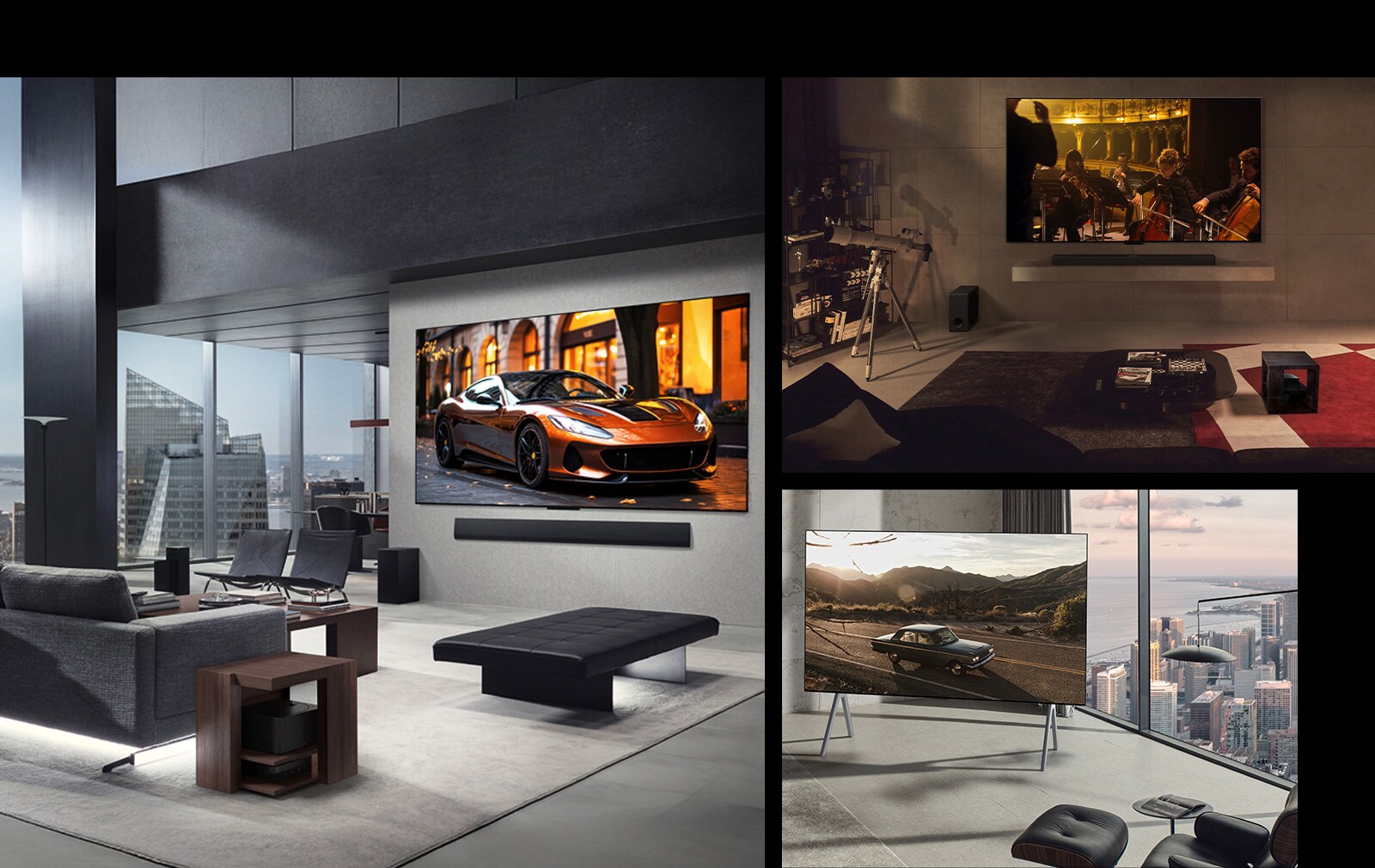 Trois salons différents avec une TV LG True Wireless montrant à quel point l’espace est sans encombrement sans avoir besoin de câbles. Le boîtier Zero Connect est également dissimulé quelque part, presque invisible. 