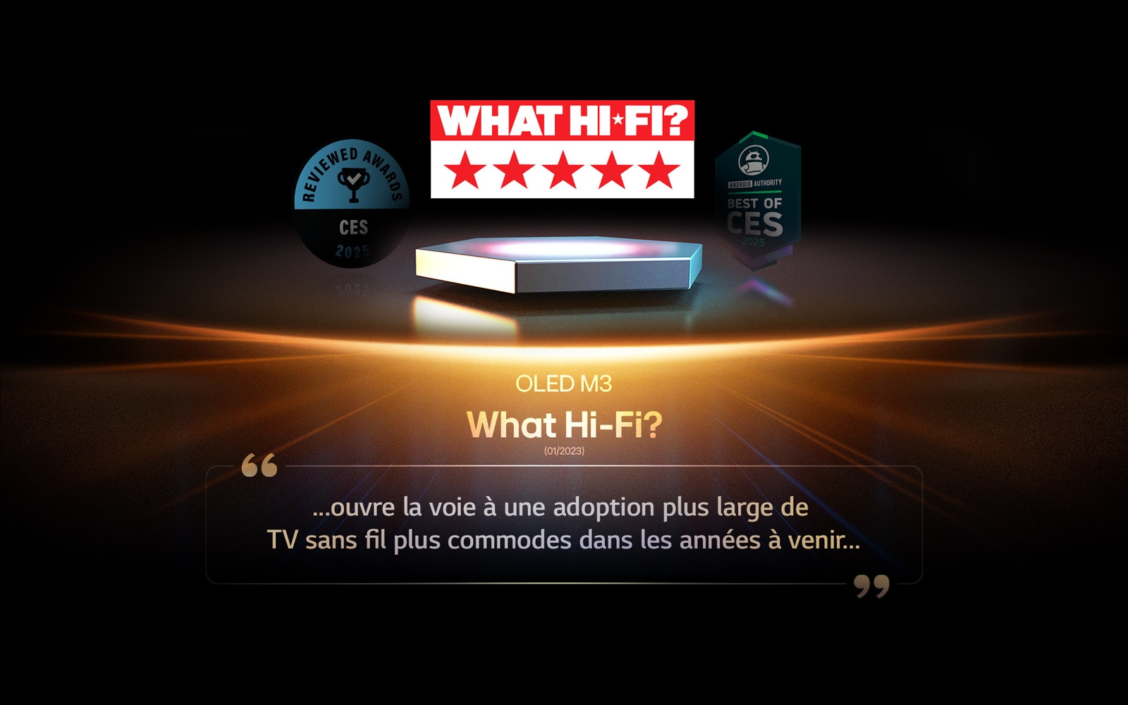 Prix pour l’OLED M3 de What Hi-Fi. Un extrait de leur avis&nbsp;: elle ouvre la voie à des TVs sans fil plus commodes dans les années à venir.