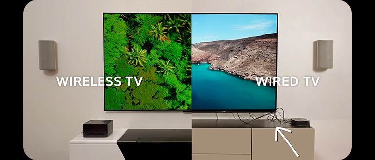 Comparaison d’écran divisé entre l'installation de la TV filaire et l’installation sans fil. Avec la TV filaire, l’installation est désordonnée avec des fils qui ressortent et semblent désorganisés. Avec la TV sans fil, elle est propre, sans encombrement et plus pratique.