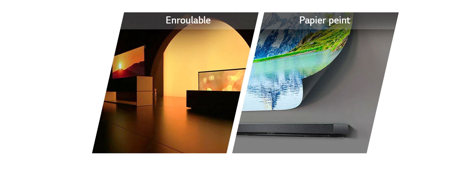 Trois intertitres parallèles montrant des téléviseurs enroulables, Galerie et au design Wallpaper, montrant leur esthétique.