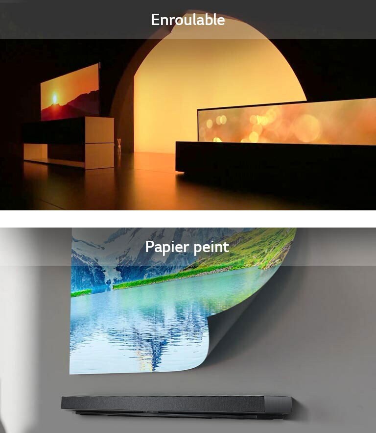Trois intertitres parallèles montrant des téléviseurs enroulables, Galerie et au design Wallpaper, montrant leur esthétique.