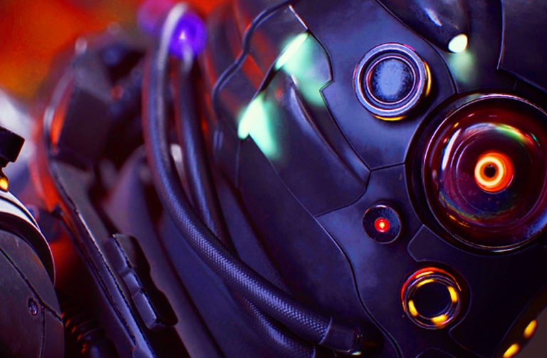 Gros plan d’un personnage de jeu de science-fiction portant un casque aux formes circulaires.