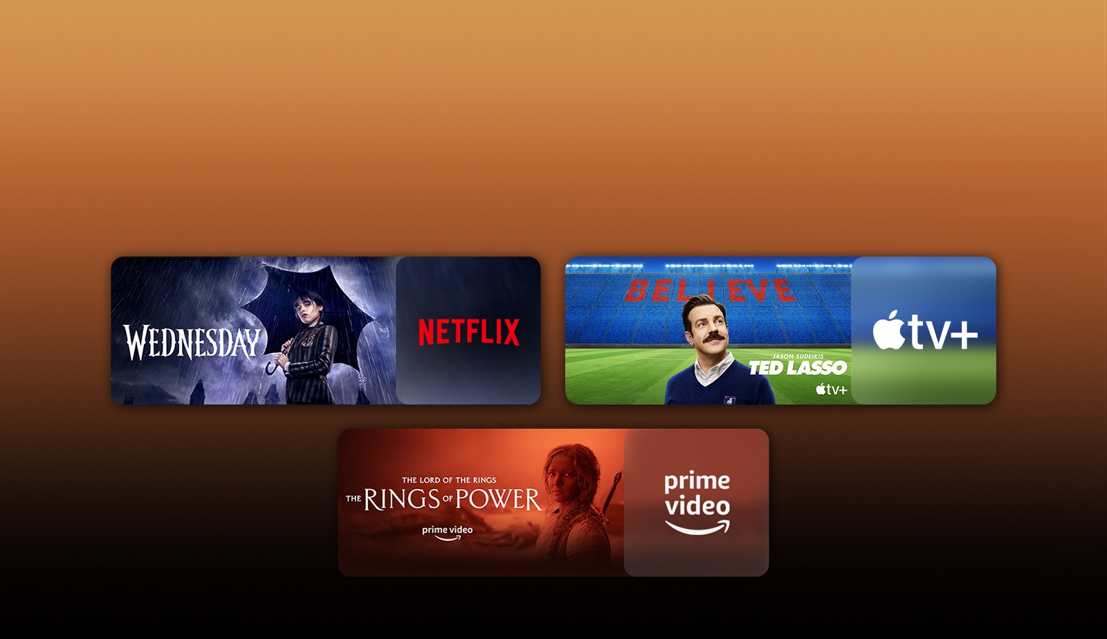 Les logos de plateformes de services de streaming et les séquences correspondantes se trouvent juste à côté de chaque logo. On peut voir des images de Mercredi sur Netflix, de TED LASSO sur Apple TV, de Tulsa King sur Paramount+, de Benjamin Gates et le Trésor des Templiers sur Disney Plus, du Seigneur des Anneaux : Les Anneaux de Pouvoir sur PRIME VIDEO, de TOP GUN sur Sky Showtime et le léopard de LG CHANNELS.