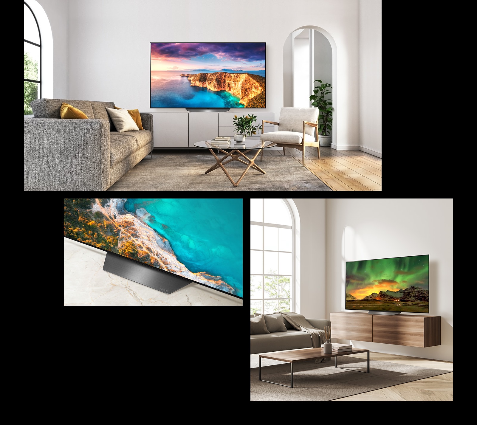 Une image du LG OLED CS3 dans une pièce chaleureuse avec une photographie d’un panorama coloré à l’écran. Le LG OLED CS3 affichant la photo d’un panorama coloré dans une pièce aux tons neutres. Une vue aérienne inclinée du socle du LG OLED CS3