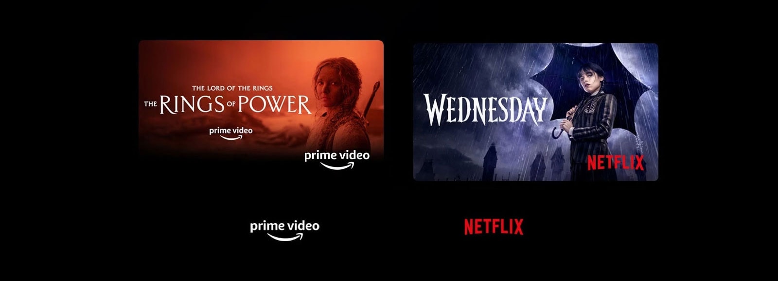 Une affiche de mercredi de Netflix, et The Rings of Power de Prime Video.