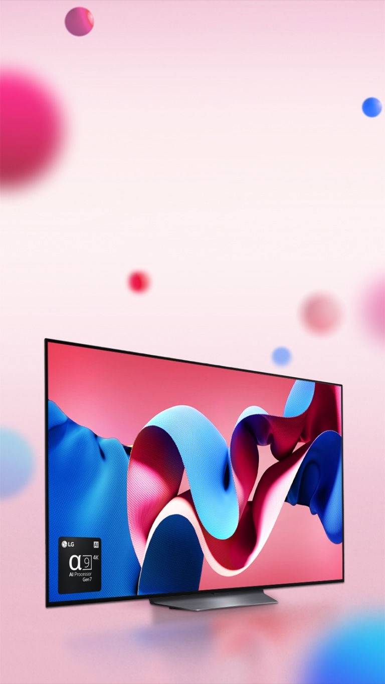 LG OLED CS4 orienté à 45 degrés vers la droite avec une œuvre d'art abstraite rose et bleue à l'écran sur un fond rose avec des sphères 3D. Le OLED TV effectue un zoom arrière. En bas à gauche, il y a un logo du processeur LG alpha 9 AI de 7éme génération.