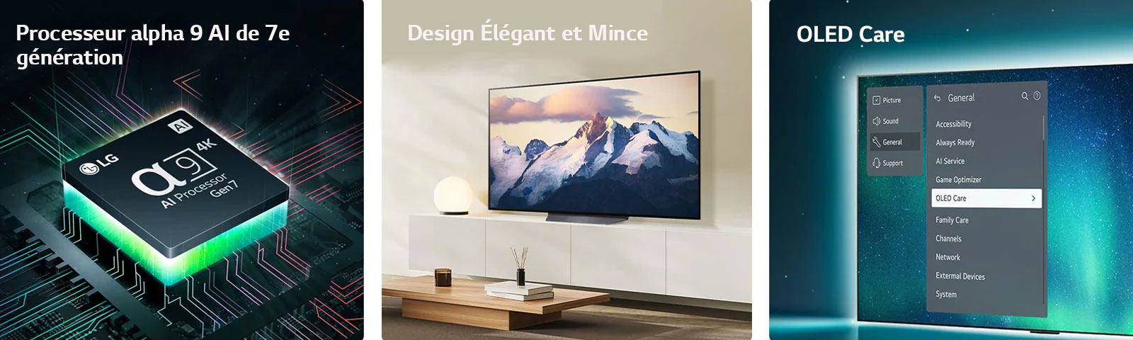 "Processeur alpha 9 AI de 7e génération LG sur une carte-mère, émettant des lumières vertes.  Téléviseur OLED TV au design élégant et mince placé dans un espace de vie moderne.  TV OLED avec menu OLED Care sélectionné dans le menu d'assistance affiché à l'écran."