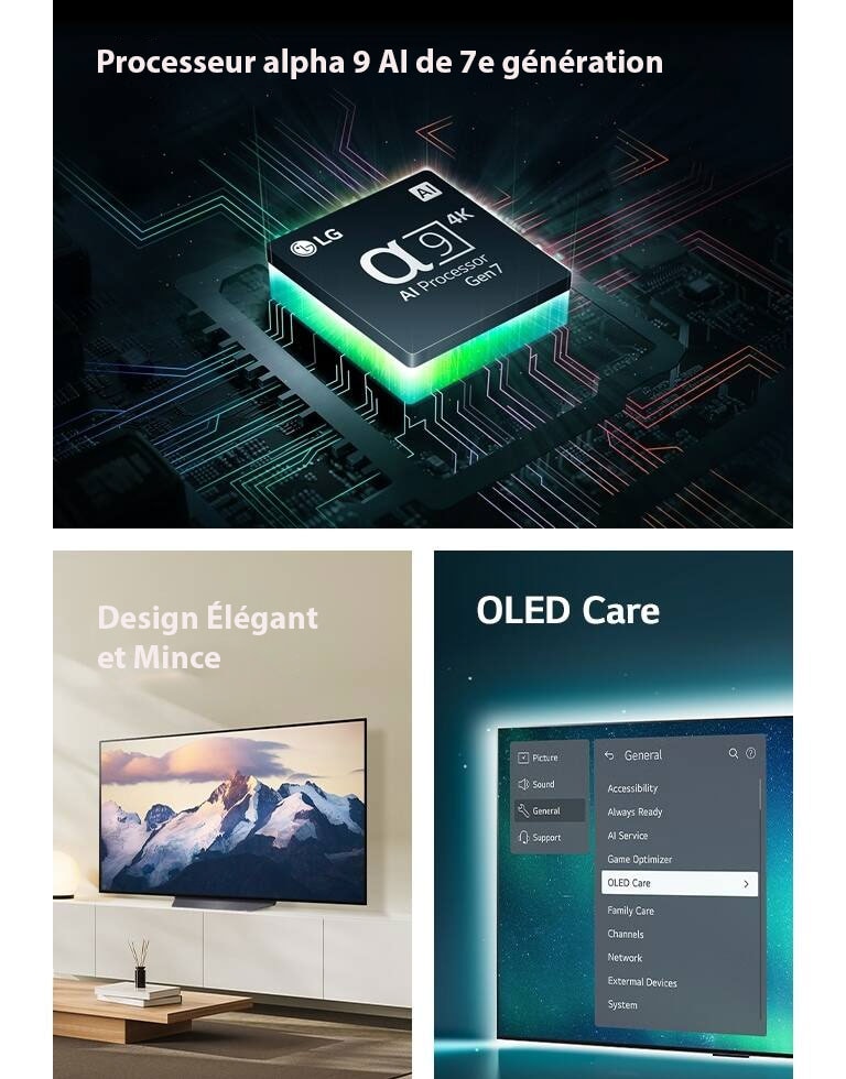 "Processeur alpha 9 AI de 7e génération LG sur une carte-mère, émettant des lumières vertes.  Téléviseur OLED TV au design élégant et mince placé dans un espace de vie moderne.  TV OLED avec menu OLED Care sélectionné dans le menu d'assistance affiché à l'écran."