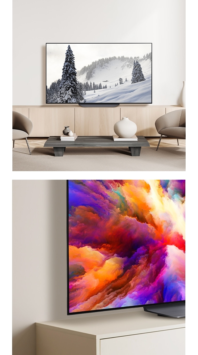 "Une perspective inclinée du coin inférieur de l’OLED CS4 montrant une œuvre d’art abstraite à l’écran.  OLED CS4 dans un espace de vie propre avec une forêt affichée à l’écran."