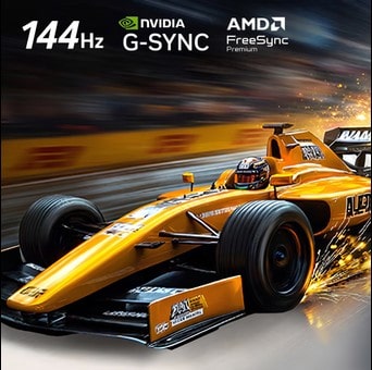 LG OLED evo AI C6 pour un gameplay imbattable en 4K 144Hz montre un jeu de course à grande vitesse avec une monoplace de course jaune en mouvement, avec les logos NVIDIA G-SYNC et AMD FreeSync Premium visibles en haut de l’écran.