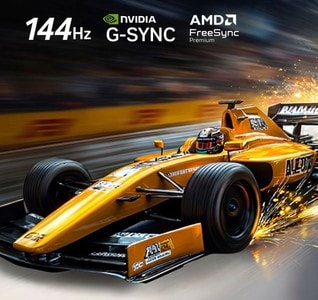 LG OLED evo AI C6 pour un gameplay imbattable en 4K 144Hz montre un jeu de course à grande vitesse avec une monoplace de course jaune en mouvement, avec les logos NVIDIA G-SYNC et AMD FreeSync Premium visibles en haut de l’écran.