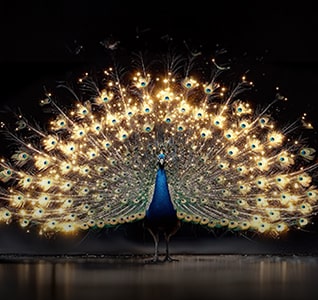 LG OLED evo AI C6 avec Brightness Booster montre une scène sombre où un paon lumineux déploie ses plumes éclatantes et rayonnantes, offrant des lumières plus brillantes avec des détails améliorés et un contraste saisissant.
