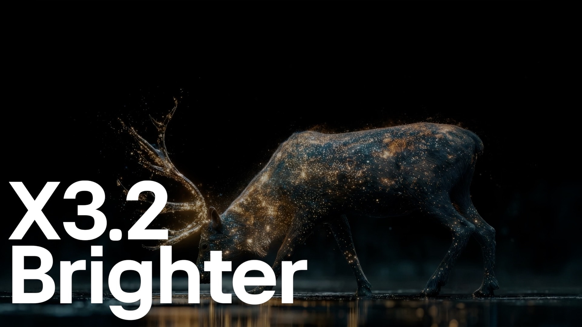 LG OLED evo AI C6 avec Brightness Booster Pro montre une scène sombre où des particules brillantes entourent une silhouette de cerf, offrant une luminosité de pic jusqu’à 3,2 fois plus intense avec une luminance plus élevée et des détails plus nets.