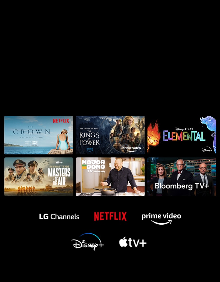 Six vignettes de films et émissions télévisées sont affichées et les logos de LG Channels, Netflix, Prime Video, Disney+ et Apple TV+ apparaissent en dessous.