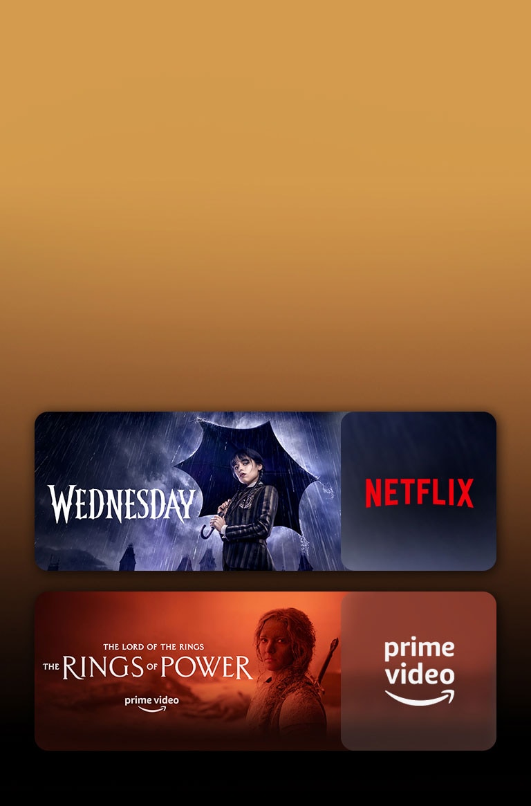 Les logos de plateformes de services de streaming et les séquences correspondantes se trouvent juste à côté de chaque logo. On peut voir des images de Mercredi sur Netflix et du Seigneur des Anneaux : Les Anneaux de Pouvoir sur PRIME VIDEO.