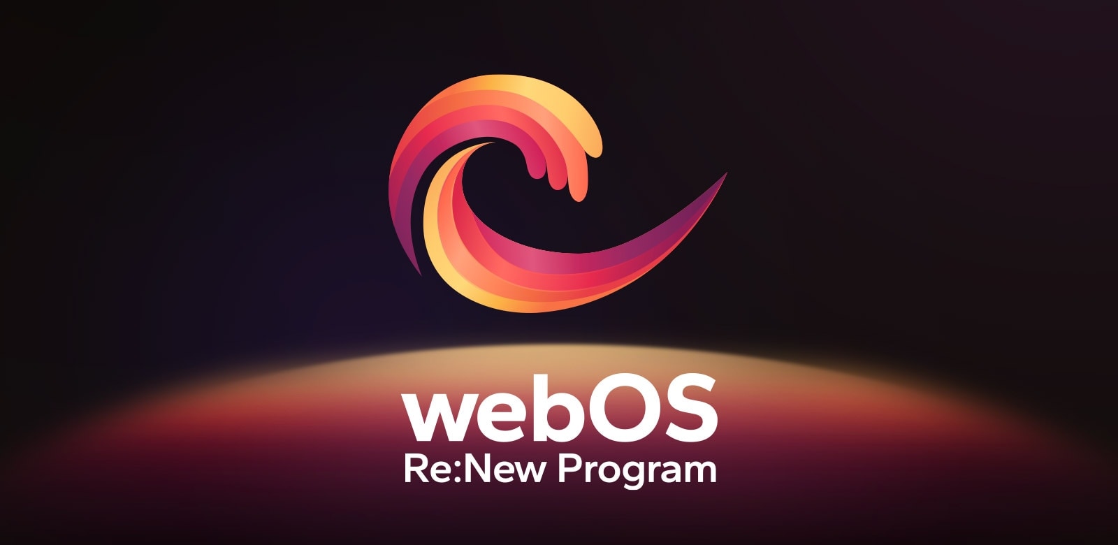 Le logo webOS Re:New Program est représenté sur un fond noir avec une sphère circulaire jaune, orange et violette en bas.