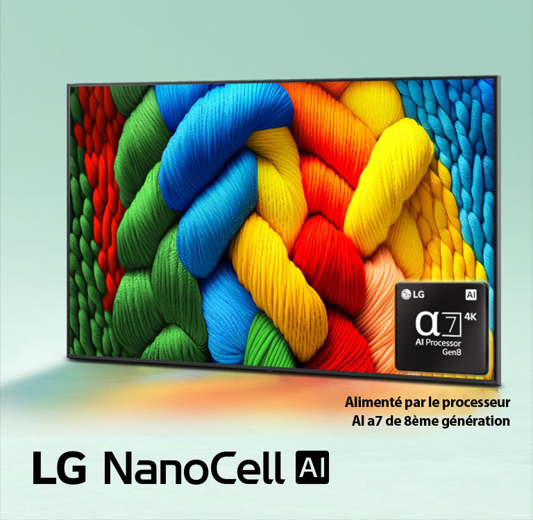 La LG NanoCell TV est légèrement inclinée vers la gauche et représente des fils colorés. Le logo processeur alpha 7 AI de 8ème génération est situé dans le coin inférieur droit de la TV. L’arrière-plan est un léger dégradé bleu sarcelle. Le logo de LG NanoCell AI se trouve dans le coin en bas à gauche. Le texte est également visible, alimenté par le processeur alpha 7 AI de 8ème génération.