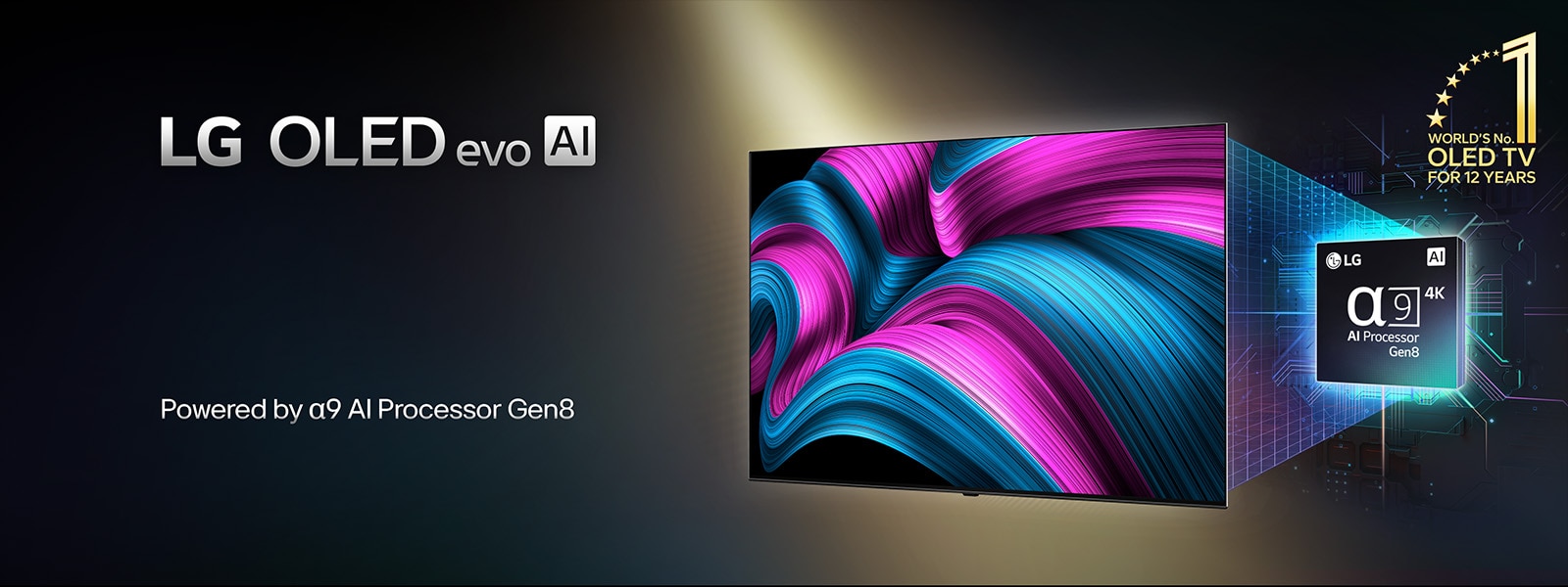 Sur l’écran d’une TV LG OLED evo AI se trouve une image abstraite aux détails, couleurs et contrastes impressionnants. Une version agrandie du processeur alpha 9 AI de 8ème génération se trouve derrière la TV. Sa lumière brillante éclaire les circuits de micropuce qui l’entourent. Le titre dit LG OLED evo AI. Le texte est également visible, alimenté par le processeur LG alpha 9 AI de 8ème génération. Un logo doré avec des étoiles dans le coin dit : l’OLED TV numéro un mondial depuis 12 ans. 