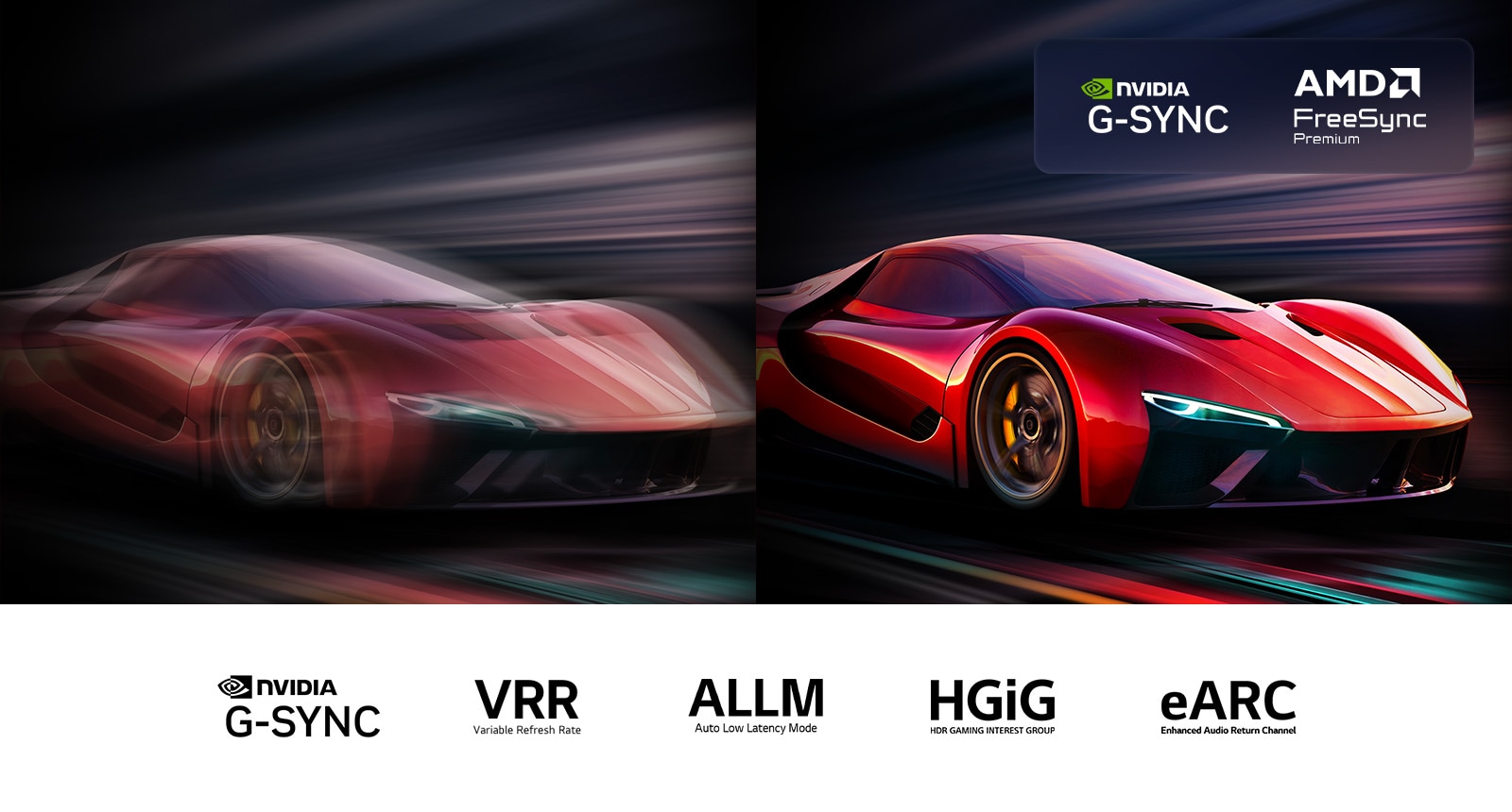 Deux images d’une voiture dans un jeu vidéo côte à côte. Une image affiche beaucoup de flou de mouvement. L’autre est nette, avec une parfaite mise au point, présentant la fréquence d’images élevée de la LG OLED TV. Le logo Nvidia G-Sync, AMD FreeSync Premium et d’autres certifications liées au jeu sont visibles. 
