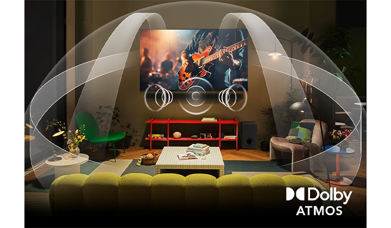 Salon confortable et faiblement éclairé avec une LG TV OLED avec LG Soundbar. À l’écran on voit un gros plan d’une guitare électrique en train d’être jouée. Les graphiques montrent comment Dolby Atmos remplit tout l’espace d’un son surround provenant de toutes les directions. Logo Dolby Atmos dans le coin en bas.