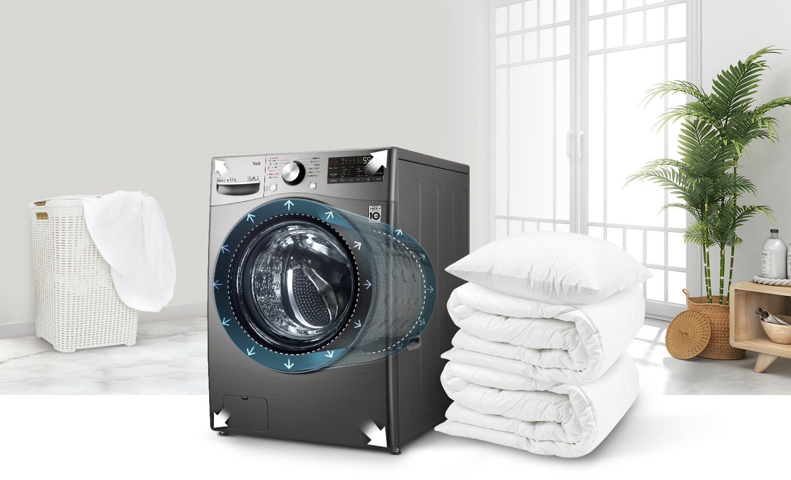 Il y a une machine à laver dans la maison et une couverture à côté. La partie centrale de la machine à laver avec un moteur donne un effet de transparence, montrant l'intérieur de la machine à laver.