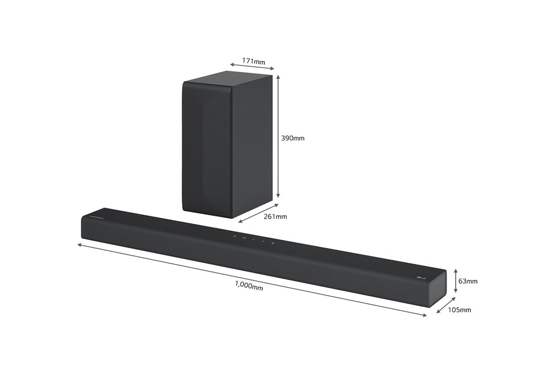 LG Barre de son 3.1 ch | 420W | DTS Virtual:X | Dolby Digital | Bluetooth | ARC | Hi-Res, vue en diagonale de la barre de son et du haut-parleur arrière avec dimensions, S65Q, thumbnail 3
