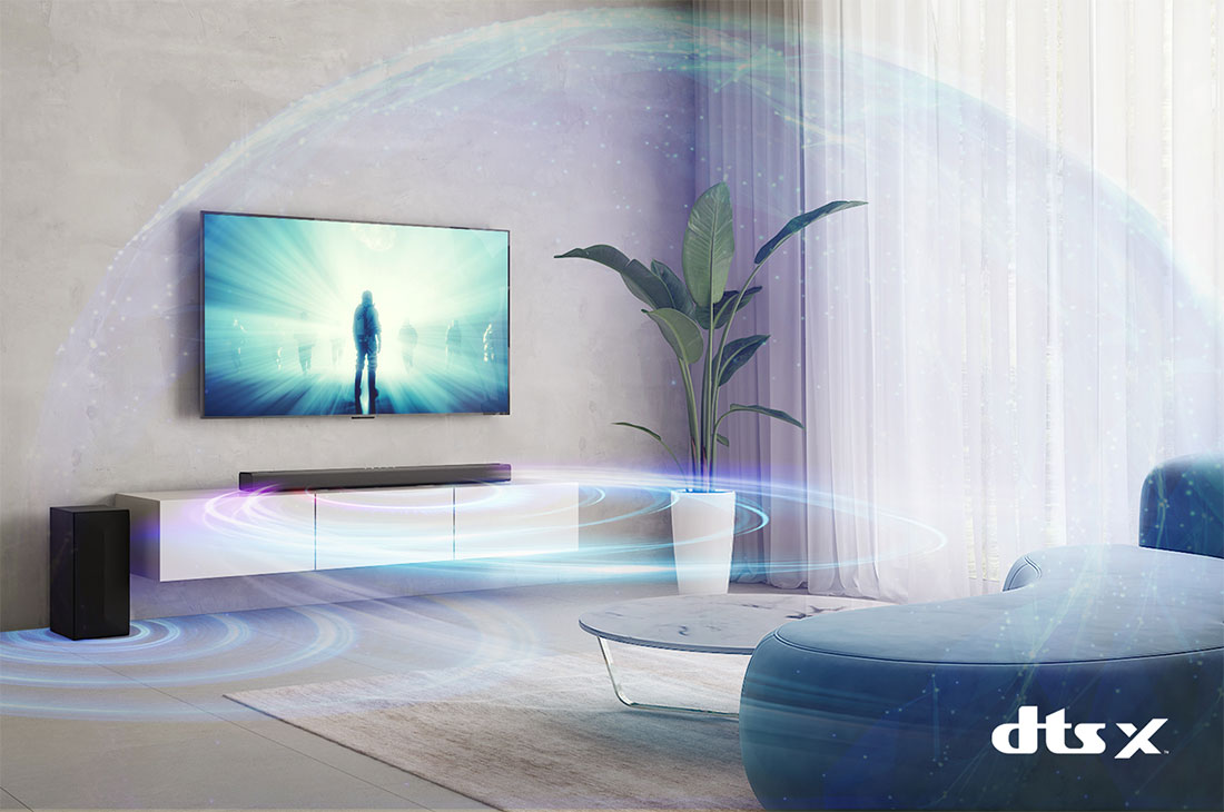 LG Barre de son 3.1 ch | 420W | DTS Virtual:X | Dolby Digital | Bluetooth | ARC | Hi-Res, Image de style de vie avec des ondes sonores sortant des haut-parleurs, S65Q, thumbnail 6