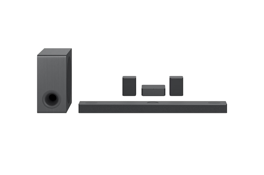 LG Barre de son 5.1.3 | 620W | Dolby Atmos | DTS:X | eARC | Hi-Res Audio | IMAX enhanced, Vue de face avec caisson de basses et haut-parleurs arrière, S80QR