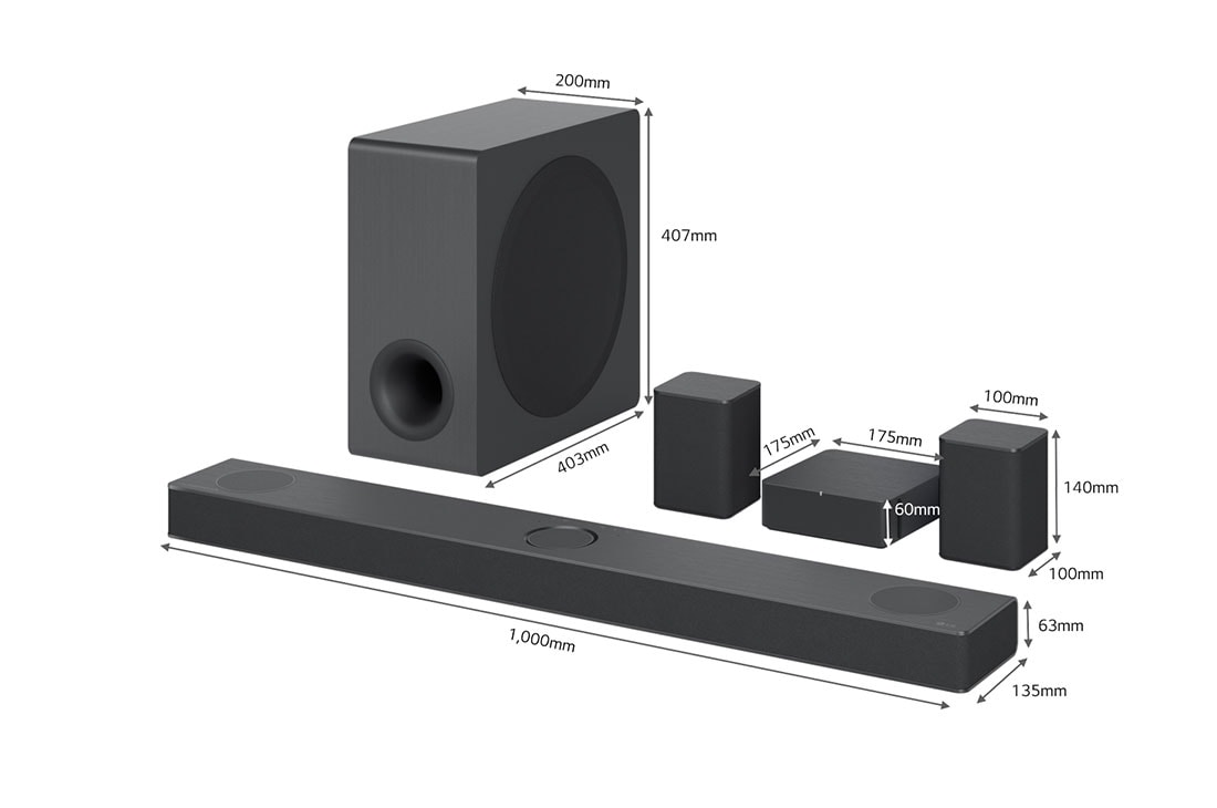 LG Barre de son 5.1.3 | 620W | Dolby Atmos | DTS:X | eARC | Hi-Res Audio | IMAX enhanced, Vue en diagonale de la barre de son, du caisson de basses et des haut-parleurs arrière avec dimensions , S80QR, thumbnail 3