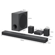 LG Barre de son 5.1.3 | 620W | Dolby Atmos | DTS:X | eARC | Hi-Res Audio | IMAX enhanced, Vue en diagonale de la barre de son, du caisson de basses et des haut-parleurs arrière avec dimensions , S80QR, thumbnail 3