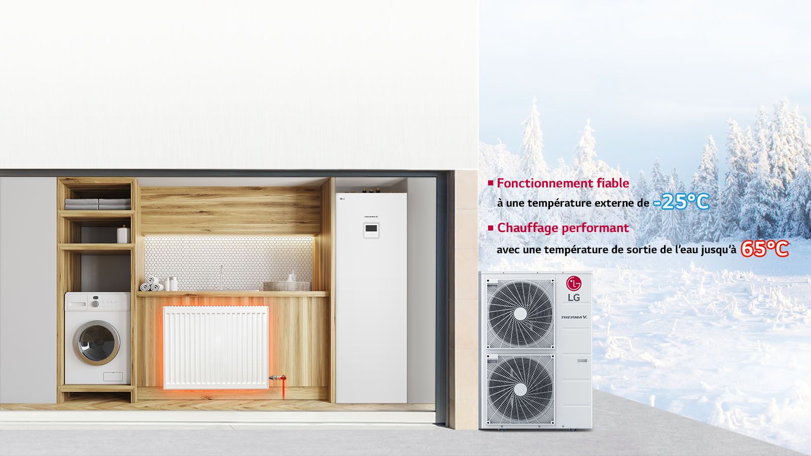 Factories belch dark smog in the background as an LG Smart Inverter unit, encased in a transparent box with a metallic shield, stands on the right.