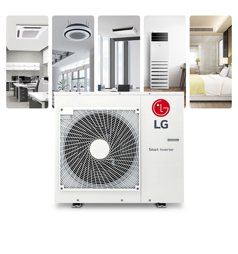 Démonstration d'une unité extérieure LG Smart Inverter au centre, accompagnée de divers cas d'installation d'unités intérieures par l'arrière.