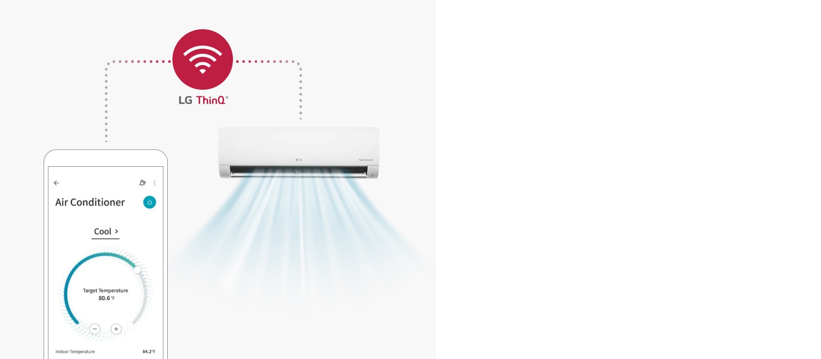 Un smartphone affichant l'application LG ThinQ se trouve à gauche, connecté à une unité murale LG installée dans un contour à droite via une ligne pointillée.