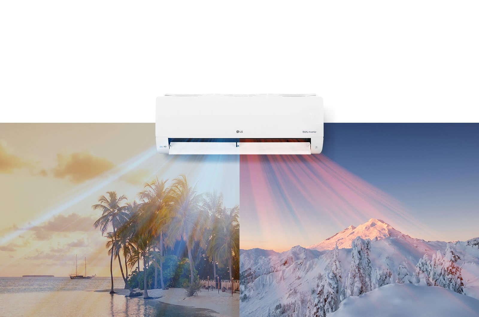 Une image montre une scène de plage chaude et l'autre montre une montagne enneigée.