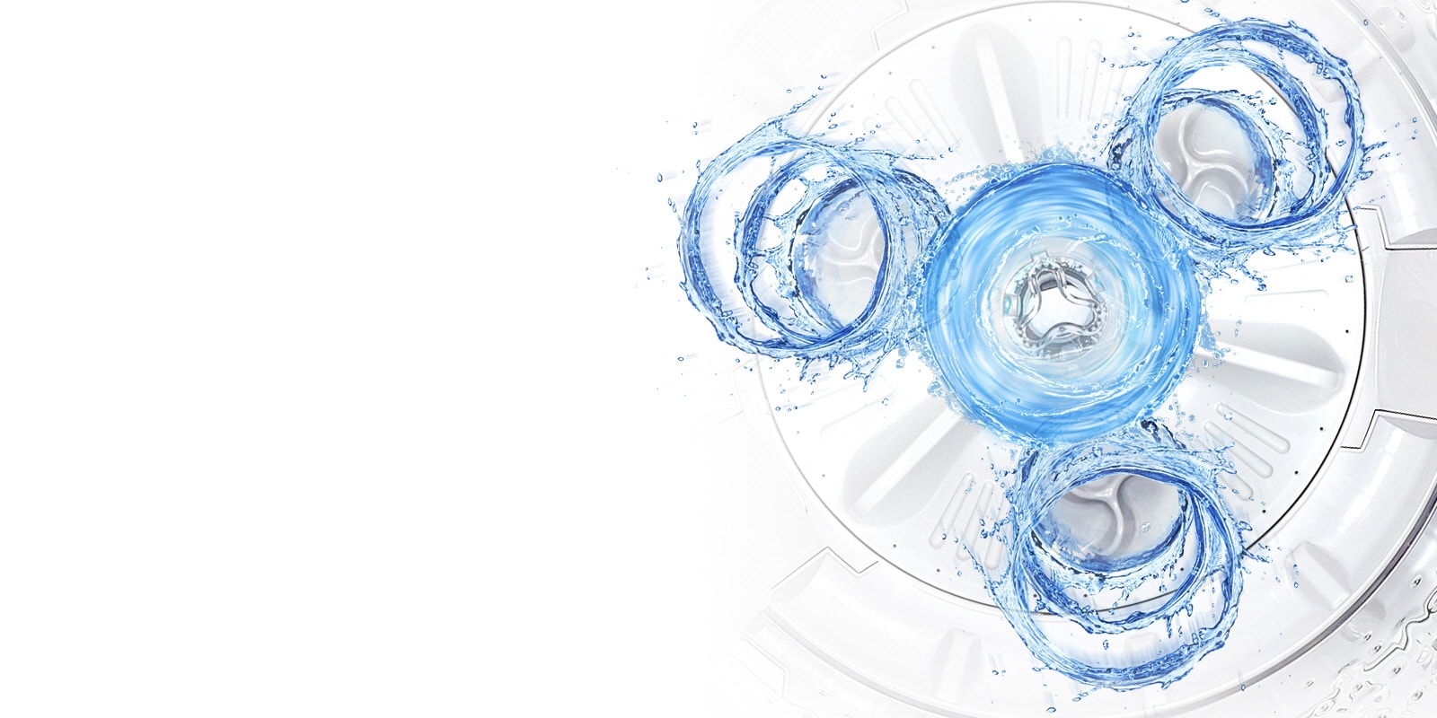 LG T1466NEHT2 Une vue vers le bas à l’intérieur du lave-linge montre l’emplacement des trois courants d’eau. L’eau bleue illustre comment le système produit trois courants d’eau verticaux.