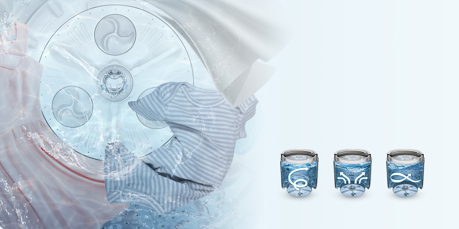 LG T1466NEHT2 Une grenouillère, une robe et un drap sont représentés en cercle autour de la partie inférieure de l’eau à gauche. Trois icônes sont affichées en bas à droite de l’image, représentant trois mouvements différents utilisés par le lave-linge. La première icône représente une flèche tourbillonnant vers le haut dans l’eau du tambour. La deuxième icône représente quatre flèches qui se déplacent vers le haut et vers l’extérieur dans l’eau du tambour. La troisième icône représente une flèche se déplaçant en forme de huit dans l’eau du tambour.