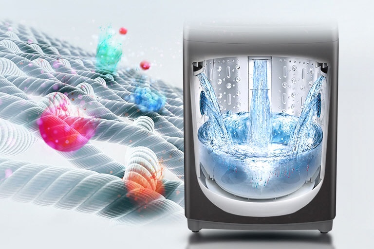 LG T1466NEHT2 Le côté gauche montre des résidus colorés et de la saleté sur le tissu avec, à droite, l’image d’un lave-linge transparent avec de l’eau qui s’écoule par les côtés.