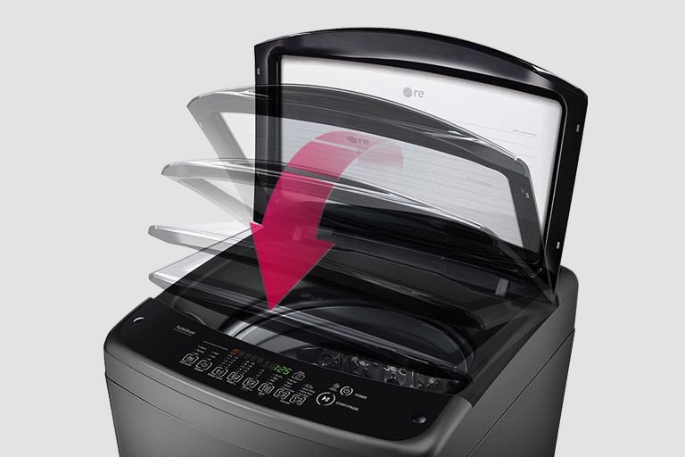 LG T1466NEHT2 Une image du haut du lave-linge à chargement par le haut est affichée avec une flèche rose pointant depuis la porte ouverte vers le bas. Des images de plus en plus transparentes de la porte sont présentes, comme si elle se fermait.