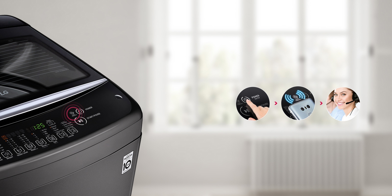 LG T1466NEHT2 En arrière-plan, on voit la partie supérieure du lave-linge et, au premier plan, une main tenant un téléphone et regardant l’application « Smart Diagnosis ». Trois inserts circulaires sur la droite montrent un doigt appuyant sur le bouton d’alimentation de la machine, un signal envoyé par le téléphone, et un spécialiste technique répondant à un appel avec un casque.