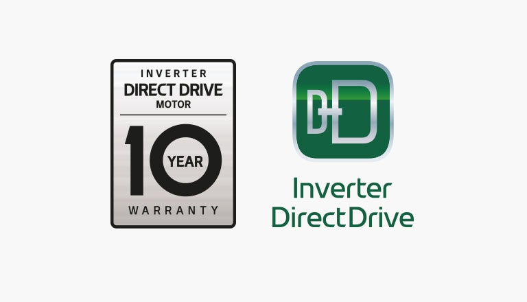 Elle affiche le logo du moteur Inverter Direct Drive et le logo de la garantie de 10 ans.