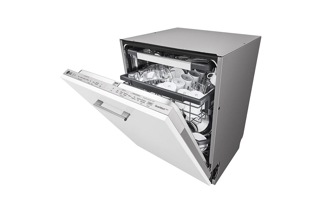 LG Lave-Vaisselle Encastrable QuadWash™  | 14 Couverts | TrueSteam™ | Inverter Direct Drive™, Vue avant droite d’un lave-vaisselle dont la porte est légèrement ouverte., DBC435TSL, thumbnail 10