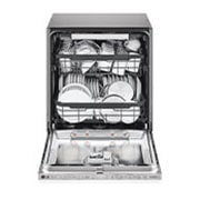 LG Lave-Vaisselle Encastrable QuadWash™  | 14 Couverts | TrueSteam™ | Inverter Direct Drive™, La porte du lave-vaisselle est ouverte pour montrer la vue intérieure de récipients remplis., DBC435TSL, thumbnail 2