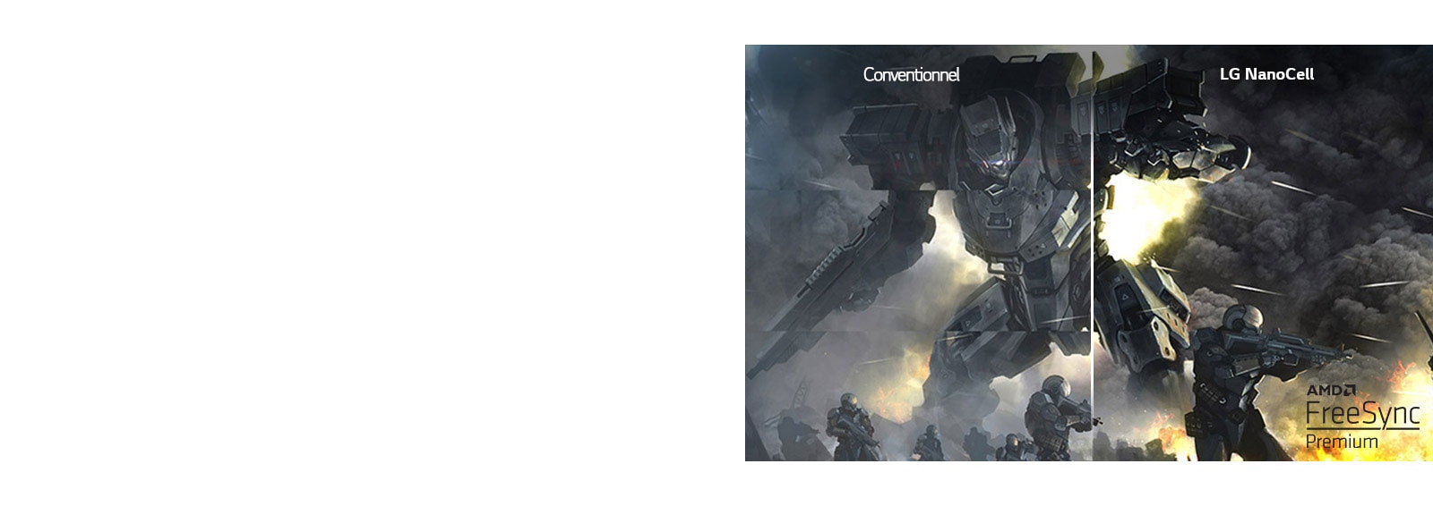 Une scène de jeu de course automobile apparaît sur un téléviseur conventionnel avec des déchirures à l’image. La moitié de l’image montre cette scène sur un téléviseur LG NanoCell avec moins de déchirures.