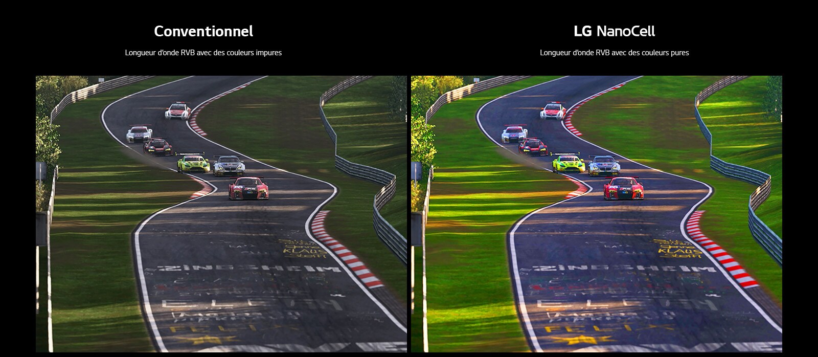 A scene of a racing game is shown on a conventional TV with poor picture quality. The other half is an LG NanoCell TV with high picture quality.