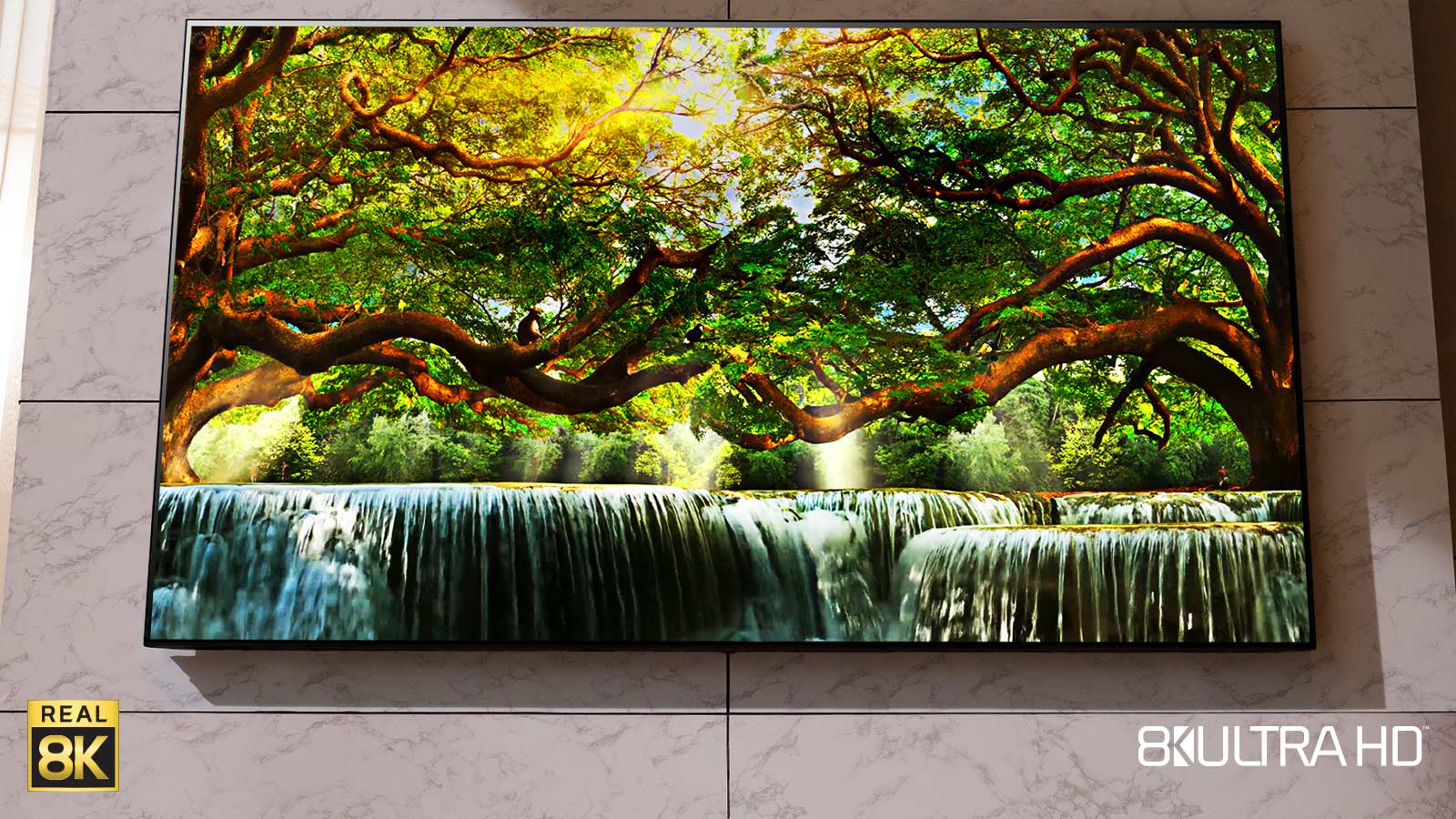 Un téléviseur NanoCell LG est fixé au mur. On voit un paysage qui est affiché à l’écran.