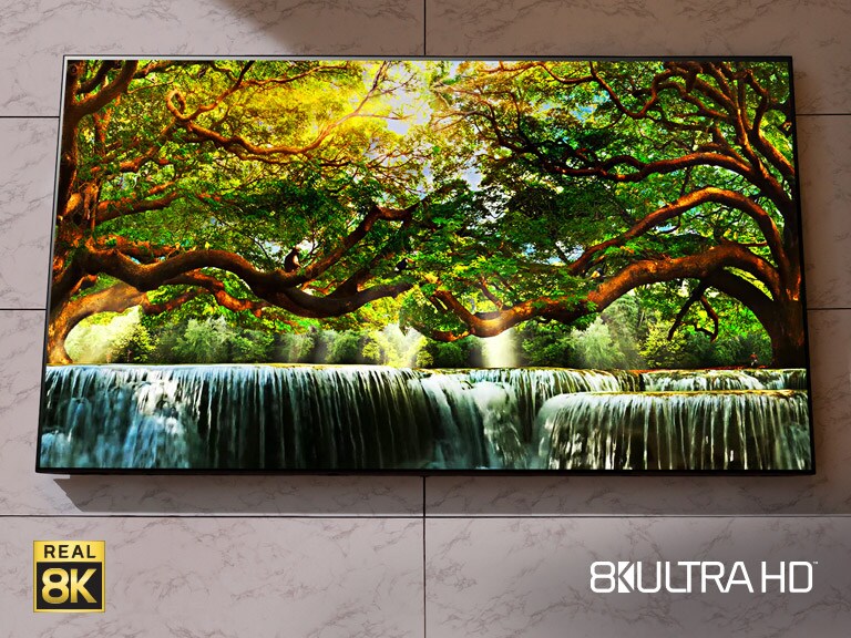 Un téléviseur NanoCell LG est fixé au mur. On voit un paysage qui est affiché à l’écran.