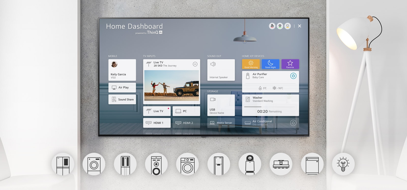 Téléviseur fixé au mur présentant le tableau de bord d’accueil et des logos d’appareils en-dessous