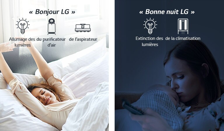 Une femme dans un lit se réveille le matin (gauche) et avec un bébé le soir (droite)