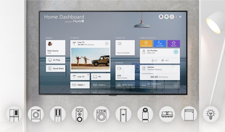 Téléviseur fixé au mur présentant le tableau de bord d’accueil et des logos d’appareils en-dessous