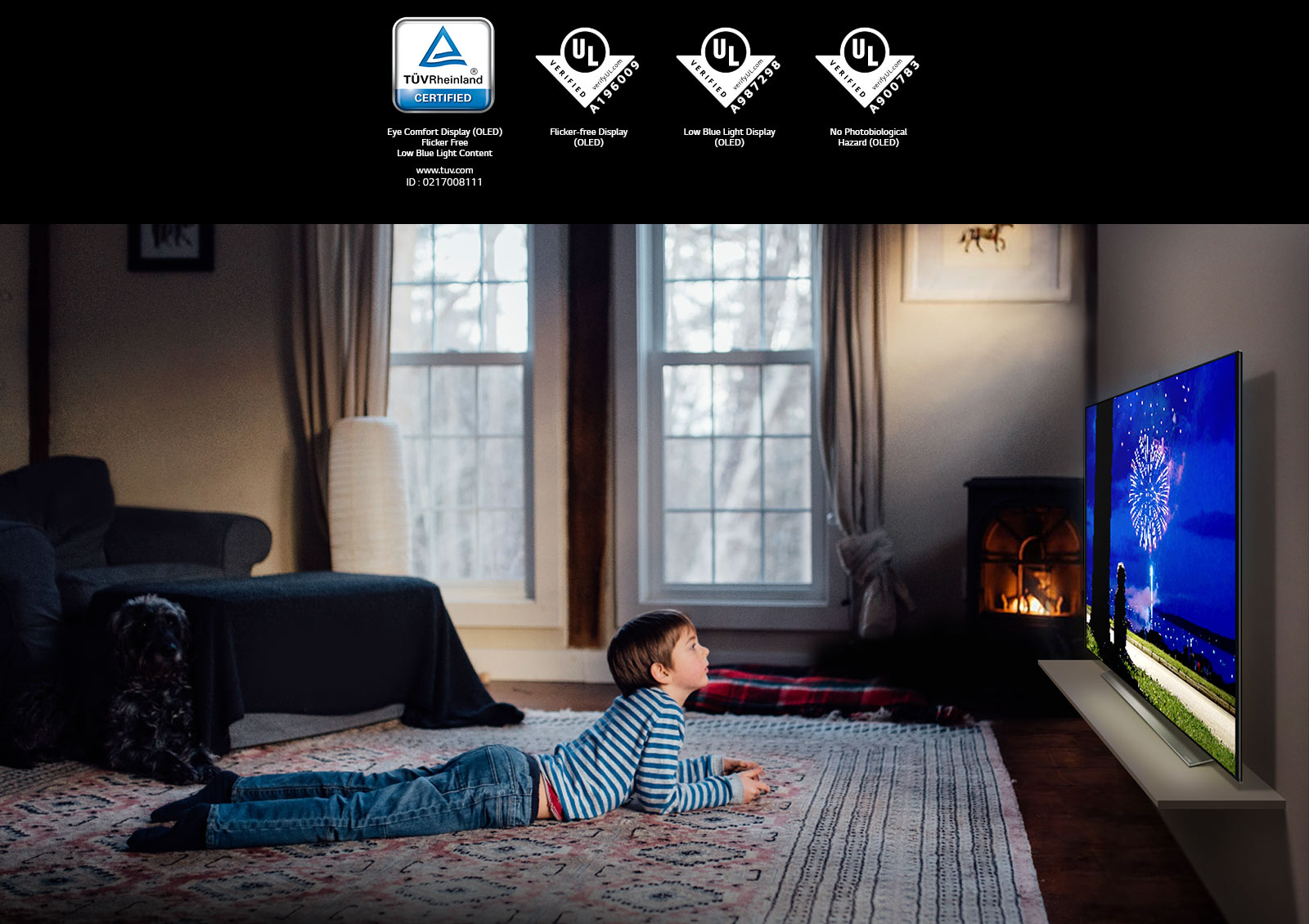 "La marque de TÜV Rheinland/La marque Vérification UL d’UL, Petit garçon couché sur le ventre sur le tapis et regardant un dessin animé sur un téléviseur à lumière bleue réduite"